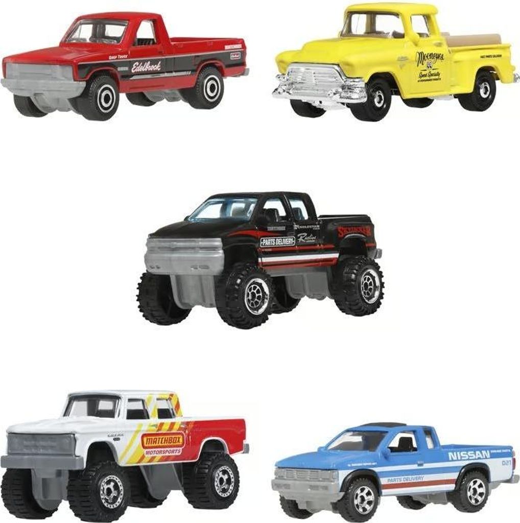 A collage of five toy trucks.
