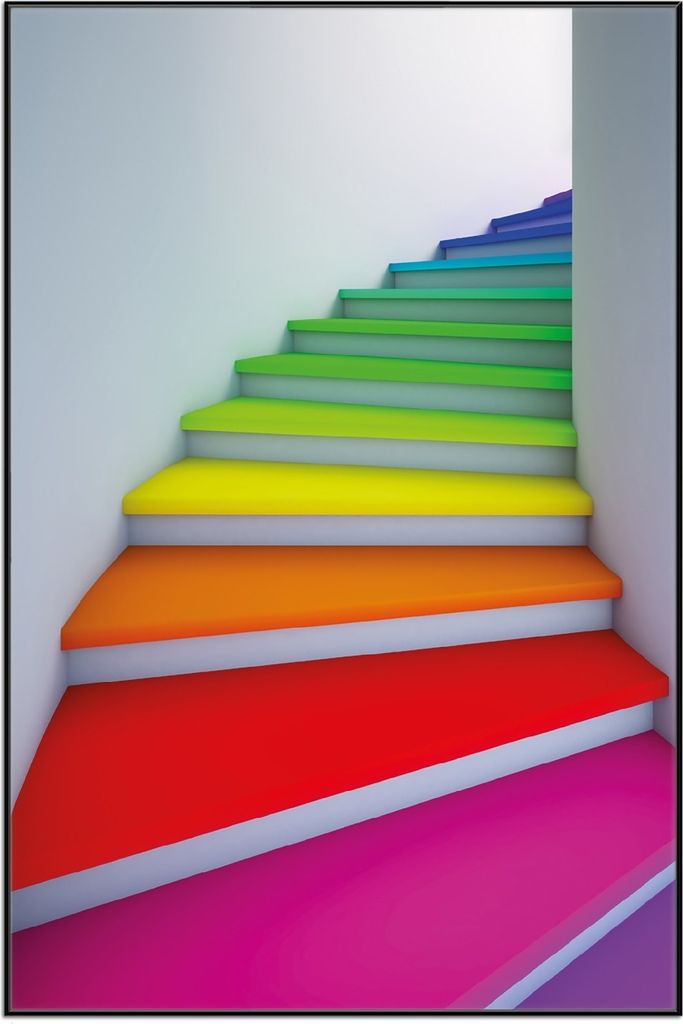 Wallario Wandbild Bunte Treppe, Größe: 61 x 91,50 cm, Poster mit schwarzem Aluminiumrahmen