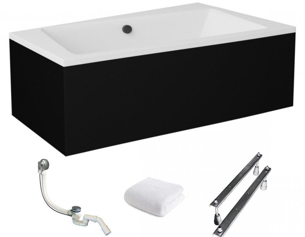 Aqua For You | Besco Badewanne Asymmetrisch Infinity Rechts - 160x100 Cm - Antibakteriell - mit Schwarz Verkleidung - Eckbabewanne - Acryl