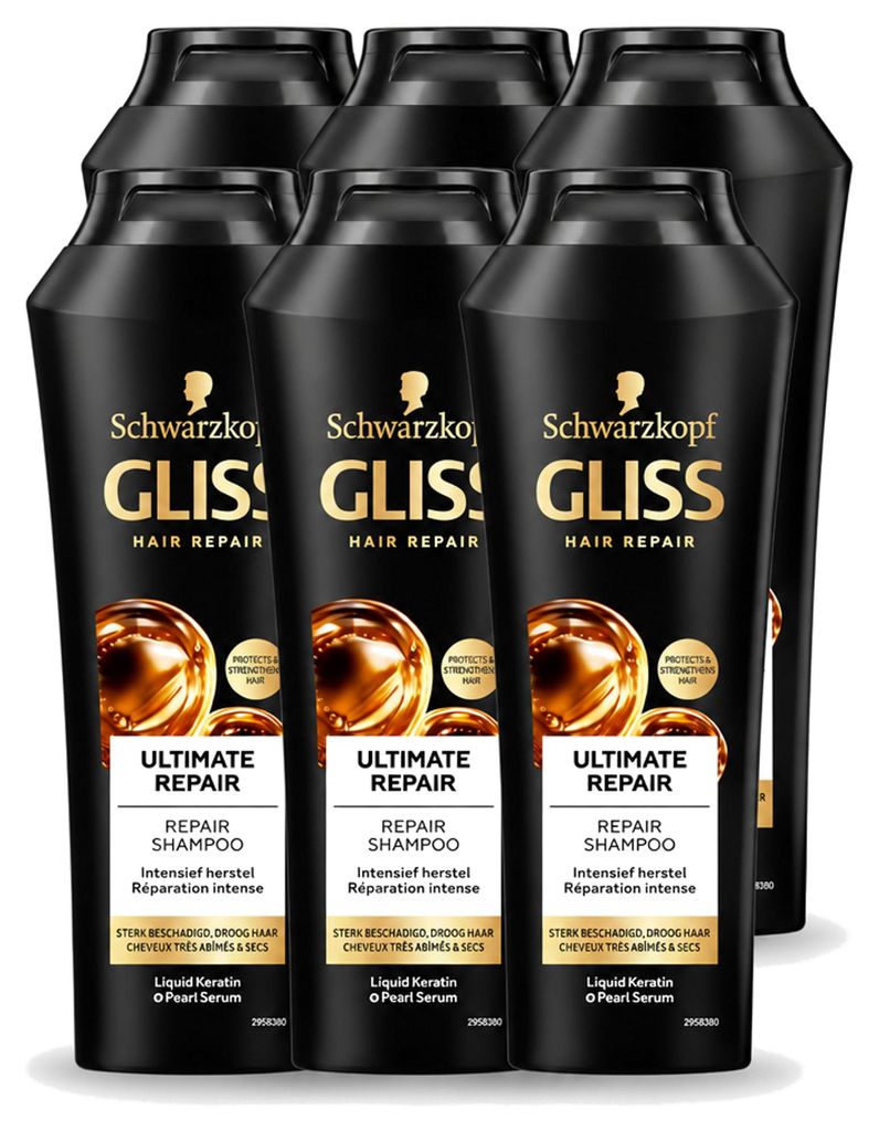 6 flessen Gliss Kur Ultimate Repair shampoo voor beschadigd Productafbeelding 