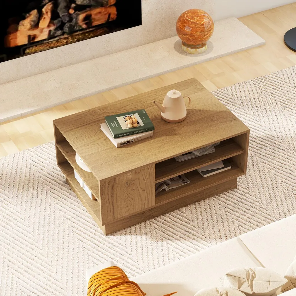 Table basse rectangulaire idéale pour salon avec rangements ouverts