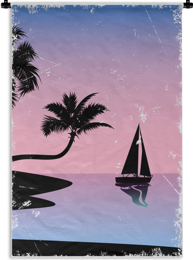 MuchoWow Wandteppich Wandbehang Boot - Palme - Nacht - Sommer 60x90 cm Tapisserie Dekoration Wandtuch - Foto-Teppich - Abwaschbar