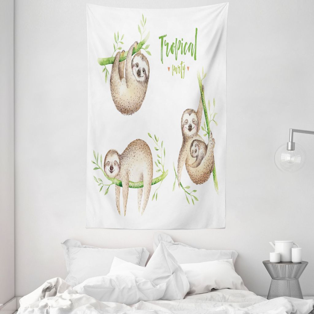 ABAKUHAUS Faultier Wandteppich und Tagesdecke, Babys Palmblätter aus Weiches Mikrofaser Stoff Waschbar ohne Verblassen Digitaldruck, 140 x 230 cm,...