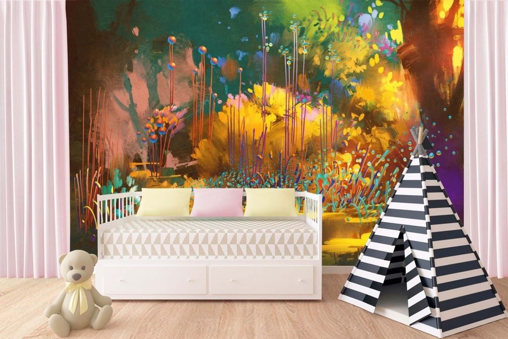 Vlies Fototapete FANTASTISCHER WALD MIT BUNTEN PFLANZEN 375 x 250 cm (inkl. Kleister) - Vlies Tapete, Wandtapete, Wandbilder - Tapete für Wohnzimm...