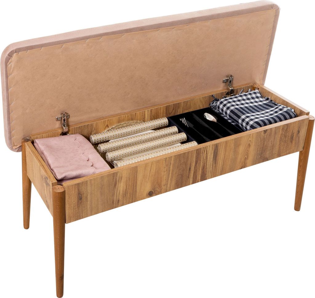 An open storage bench with items inside.