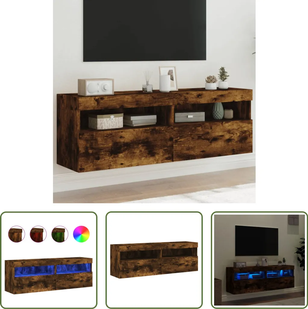 Ensemble de meuble TV suspendu avec éclairage LED chêne fumé 60cm