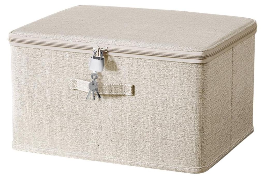 Abschließbare Aufbewahrungsbox mit 4 Schlössern, stabiler Organizer für Kleidung und Spielzeug (beige, 30 x 20 x 14 cm)