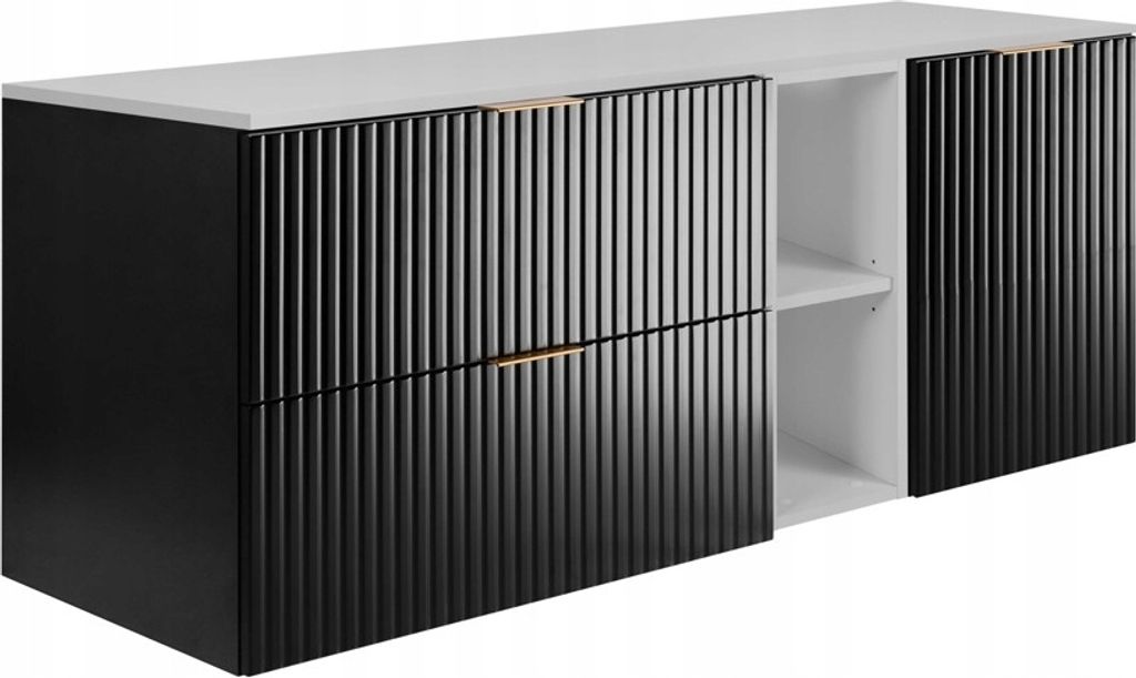 Rodan | Badezimmerschränke 140cm | Schwarz Matt - Holz | B/H/T 140/57/46 cm | Geriffelte Türen - Weiße Platte - Badmöbel - Badschrank - Bücher...