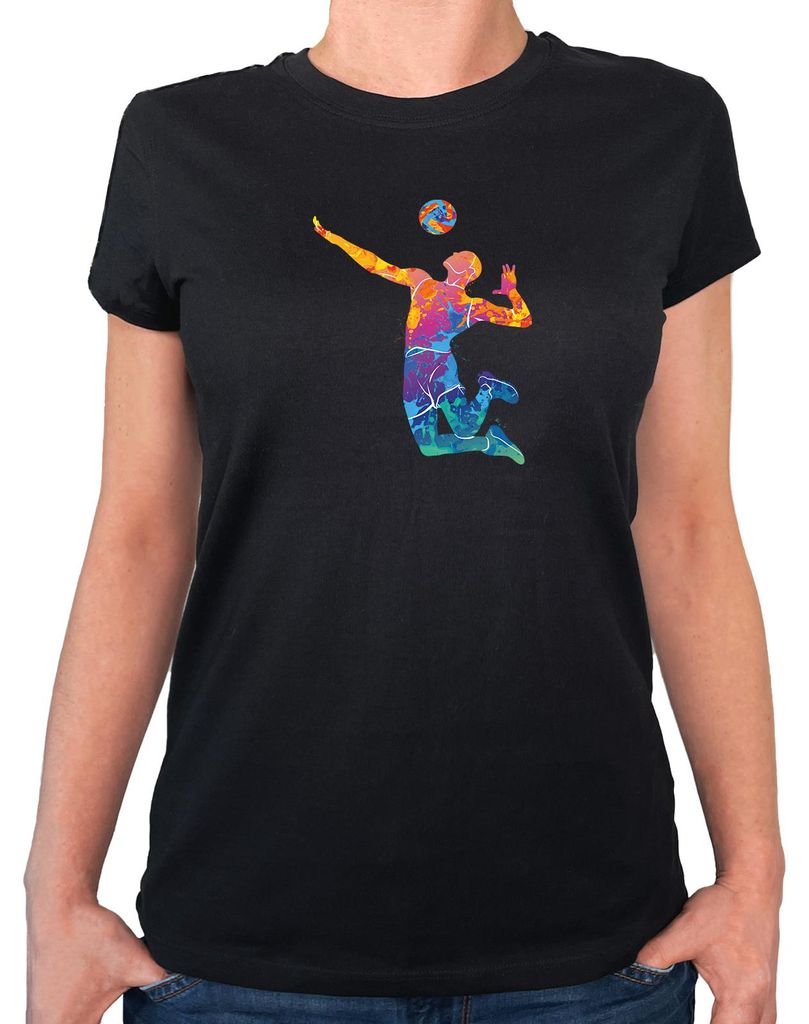 Huuraa Damen T-Shirt Volleyballer bunte Silhouette XXL Black Bio Baumwolle Fairtrade Damenshirt Geschenkidee