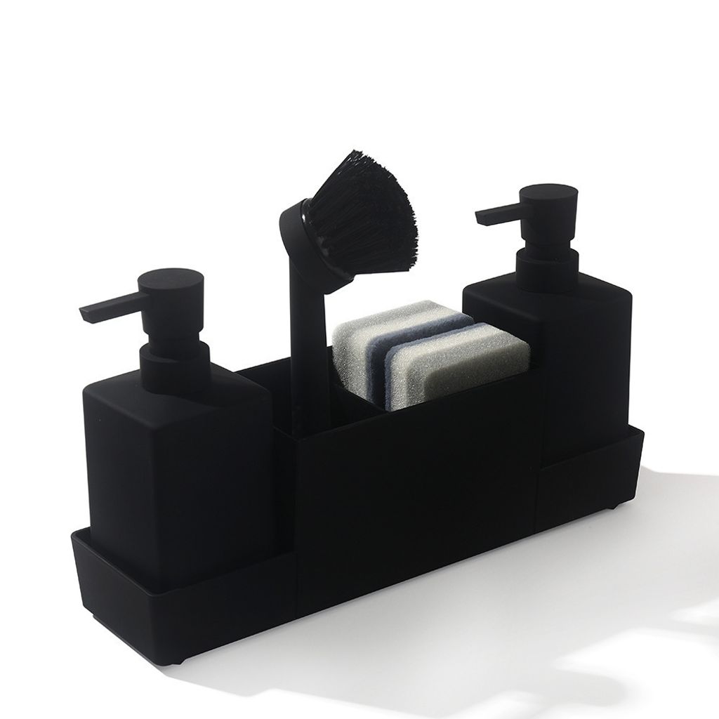 Küchenseifenspender mit Schwammhalter-Set für Spülbeckenregal, Handseife und Spülmittelspender mit Bürste (schwarz)