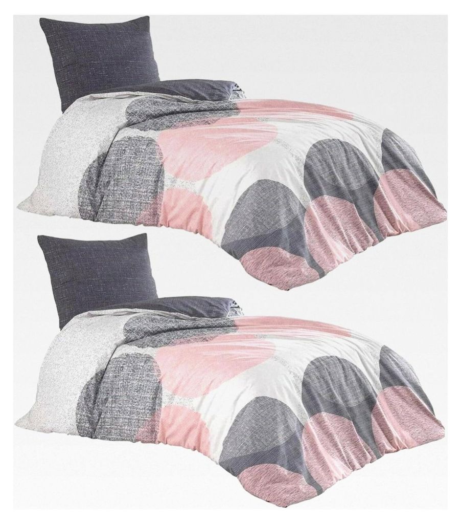 4-teiliges Bettwäsche Set 135x200 cm 100% Baumwolle Renforce Bettbezug anthrazit rosa weiß Kreise