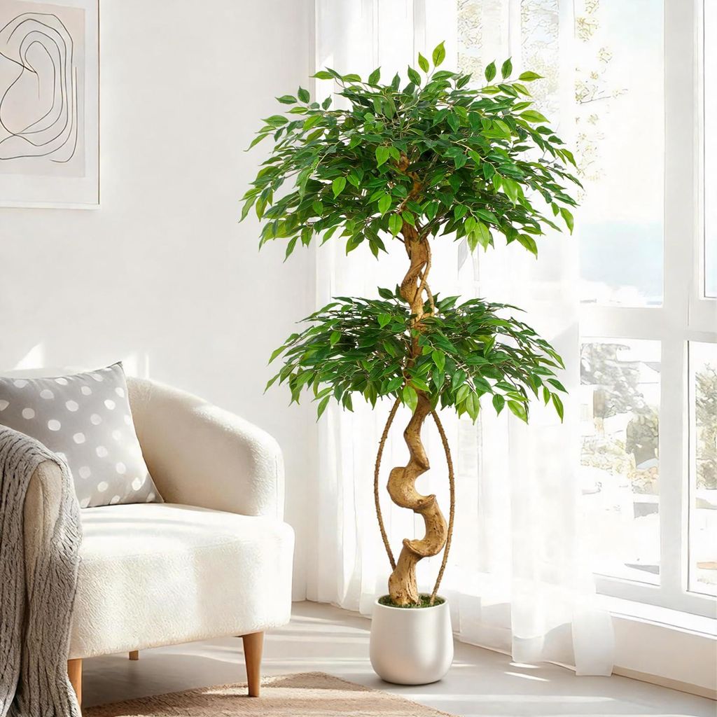 Künstlicher Ficusbaum, 150 cm hoch, mit weißem Topf; große künstliche Pflanze, die einem echten täuschend ähnlich sieht, mit gebogenem Stamm ...