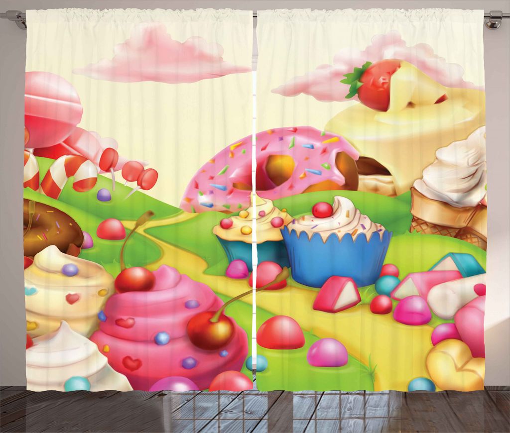 ABAKUHAUS Kids Rustikaler Vorhang, Yummy Donuts Land, Wohnzimmer Universalband Gardinen mit Schlaufen und Haken, 280 x 245 cm, Mehrfarbig