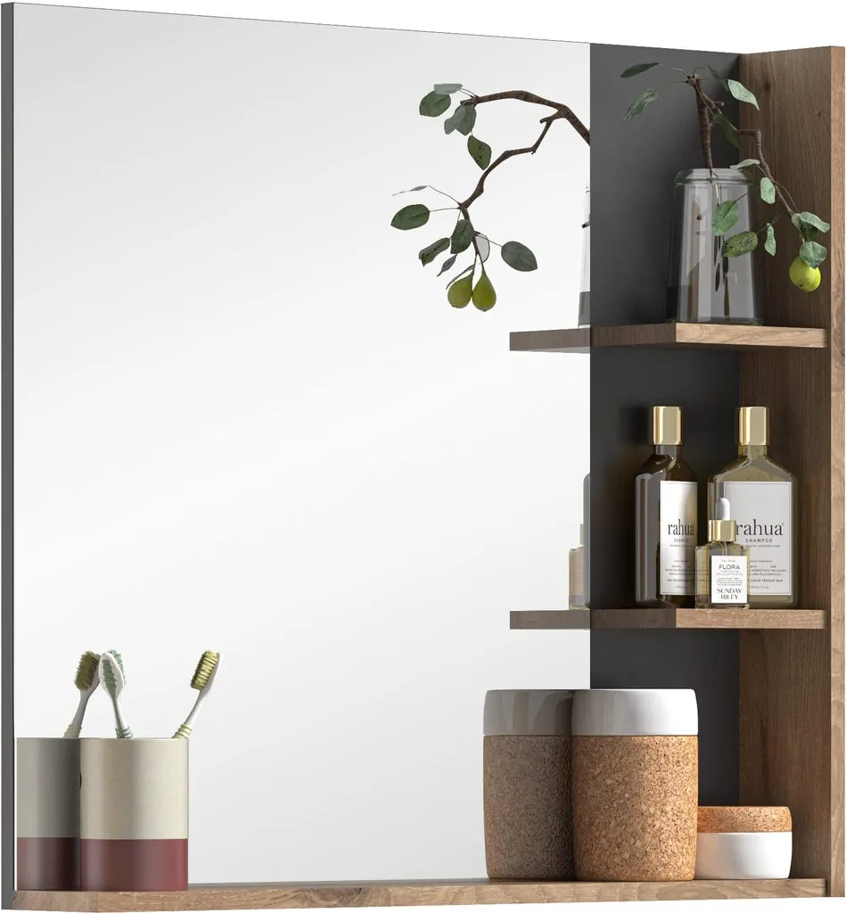Miroir de salle de bain Rootz X12B8719 en chêne Nox Gris basalte 73x79cm
