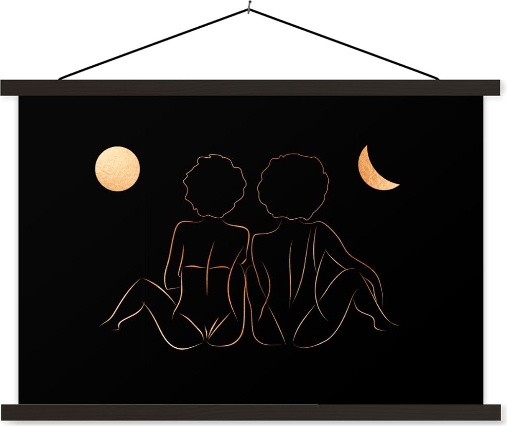 MuchoWow Textilposter Frauen - Mond - Gold - Strichzeichnung 120x80 cm mit schwarzem Rahmen - Wanddeko