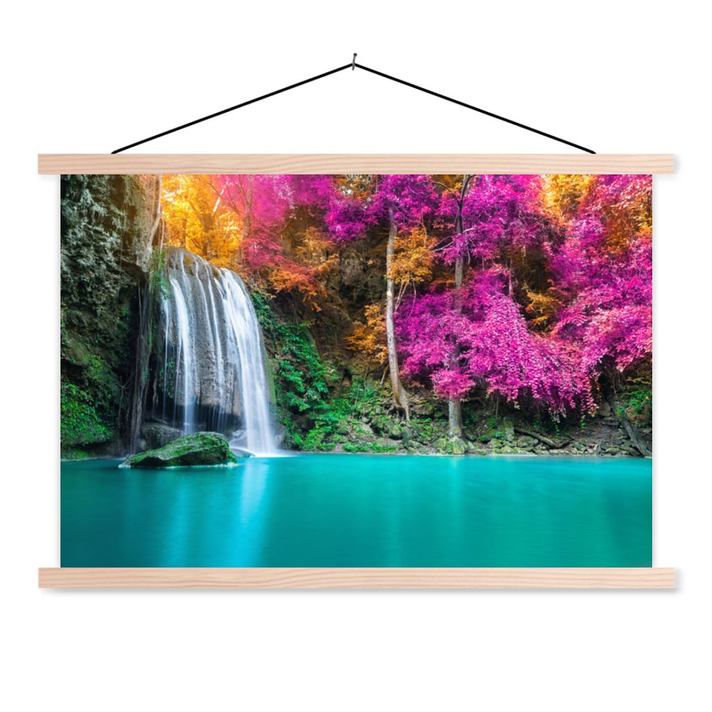 MuchoWow Textilposter Wasserfall - Bäume - Rosa - Braun - Natur 60x40 cm mit holzfarbenen Rahmen - Bilder