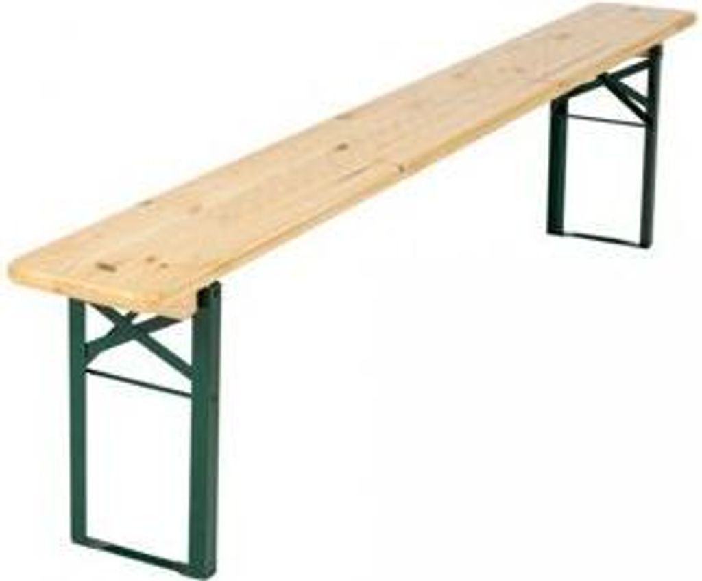 A wooden bench with green metal legs on a white background.
