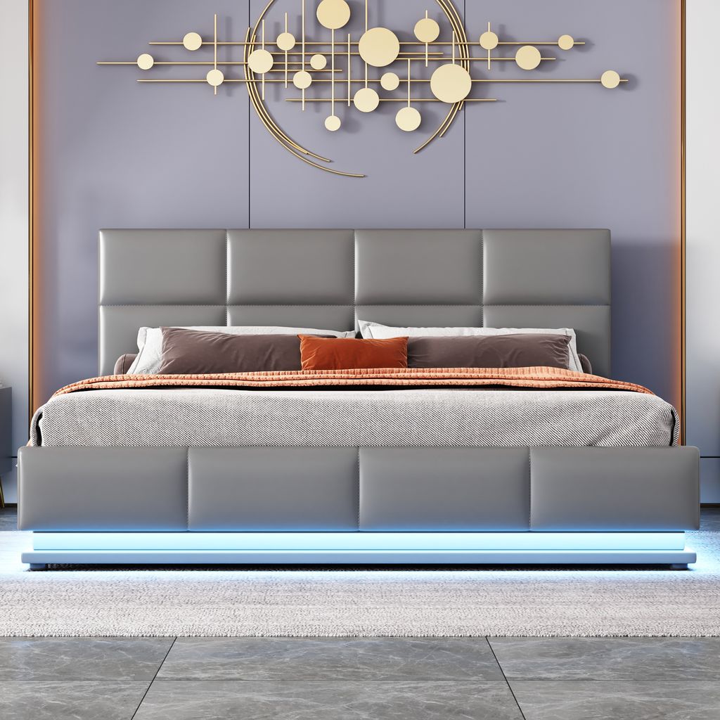 STILVORA Polsterbett 160x200 Doppelbett mit Bettkasten Stauraum,Stauraumbett mit LED Beleuchtung und höheverstellbarem Polsterkopfteil ,Grau-Ohne ...