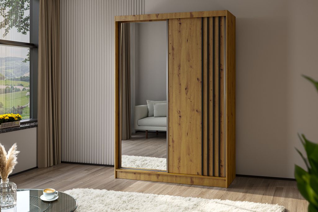 AGMAT Schwebetürenschrank Lugo, Kleiderschrank mit 2 Türen und Spiegel, Moderne Garderobe in Farbe: Artisan / Artisan, Schrank in Größe: 150 x ...