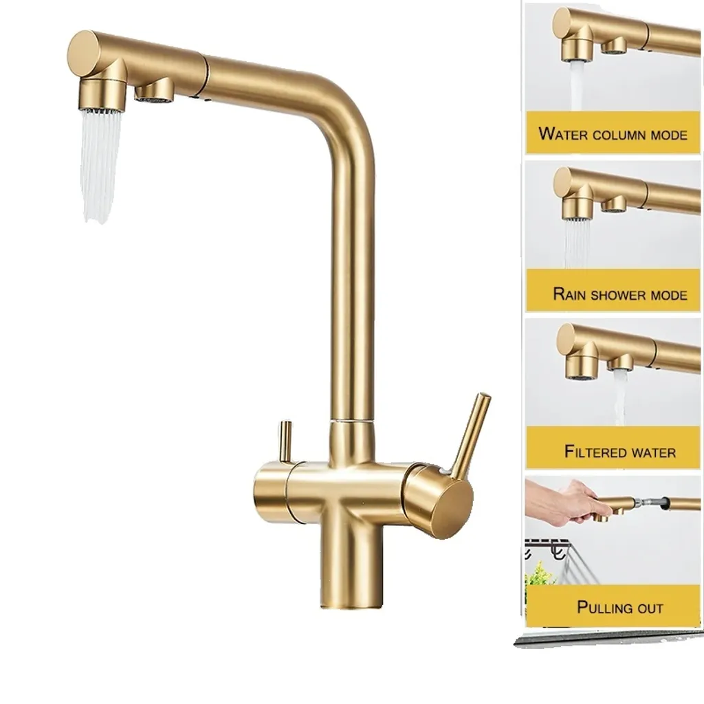 Rubinetto Lavello Cucina Ottone Oro Spazzolato 2 Maniglie - Alta Durata