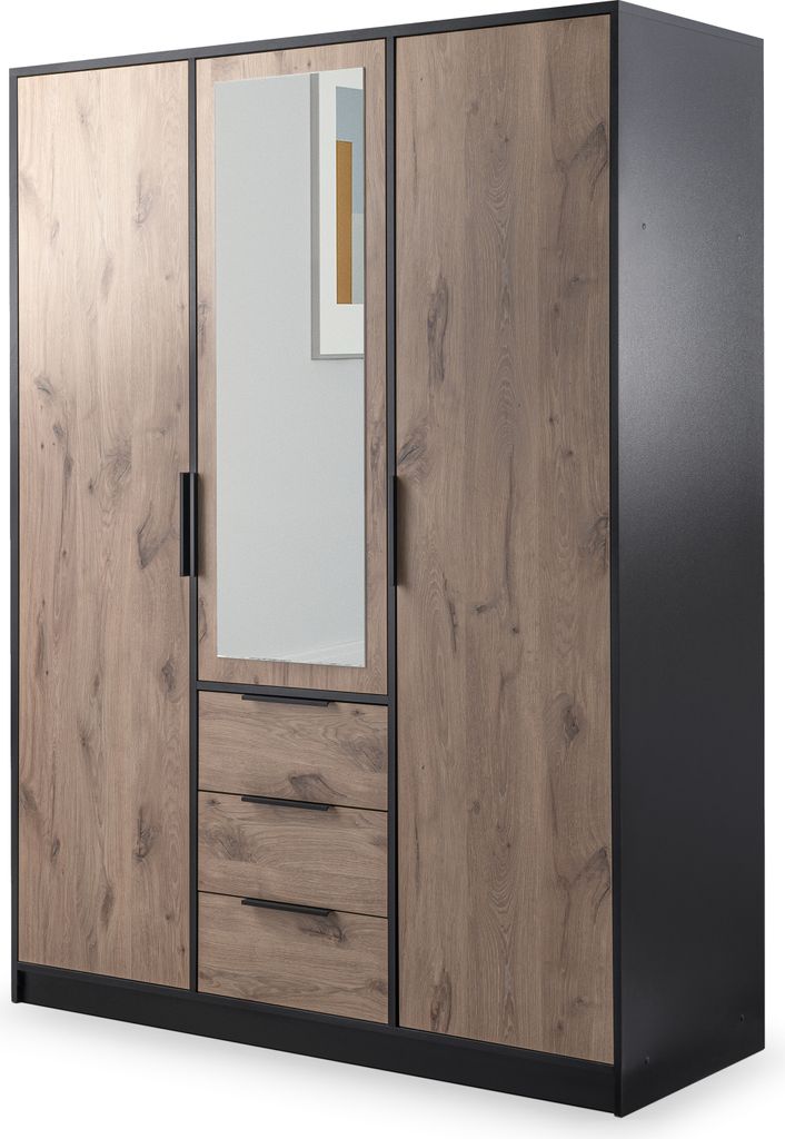 4ALLHOME Kleiderschrank KATI D3 149cm mit Spiegeltür und Schubladen, Modernes Design mit Stauraum, Viking-Eiche-Schwarz