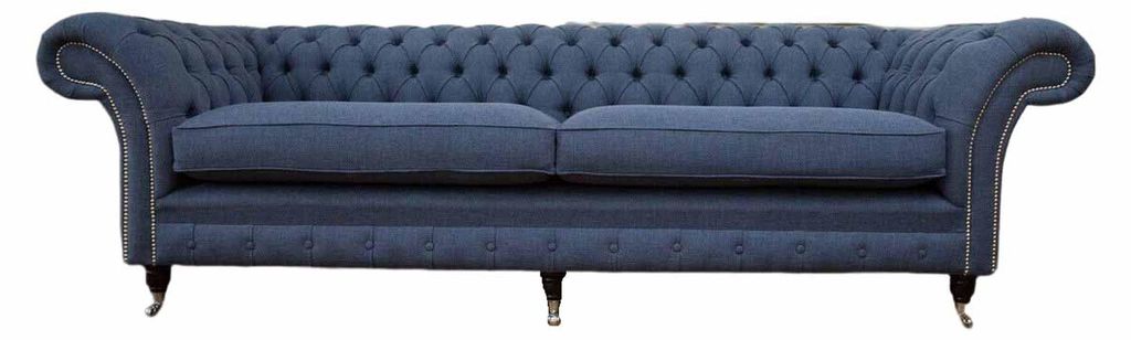Design Chesterfield Sofa 4 Sitzer Stoff Couch Blau Polster Wohnzimmer Neu