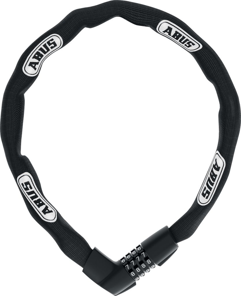 A black chain lock with a combination lock is displayed on a white background.