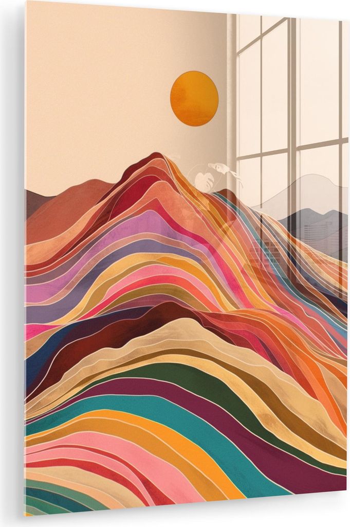 MuchoWow Glasbilder - Bilder auf Wandbild - Foto auf Glas Sonne - Bunte Landschaft - Berge 30x40 cm Wanddekoration aus Glas - Acrylglasbild - Acryl...