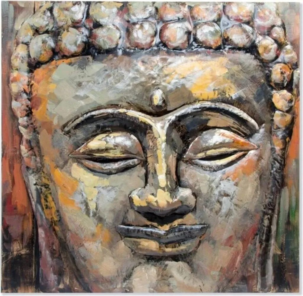 Tableau Zen Bouddha Peint à la Main en Relief Métal et Bois 80x80 cm