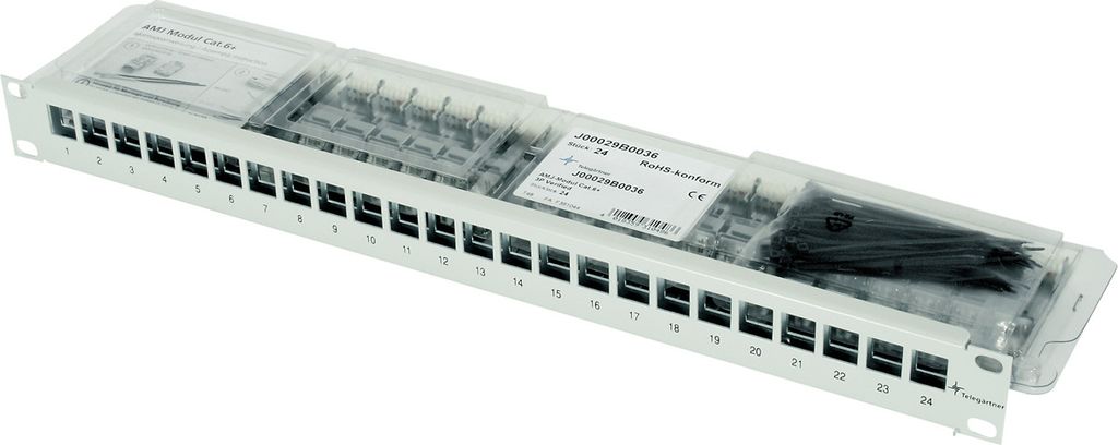 TELEGÄRTNER 19"-Modulträger 1 HE, mit 24 AMJ-Modulen Cat.6A (Class EA) (ISO/IEC), schwarz