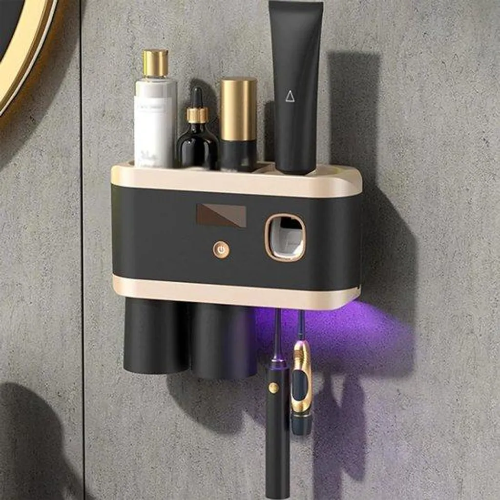 Support brosse à dents UV noir pour famille avec 2 godets magnétiques
