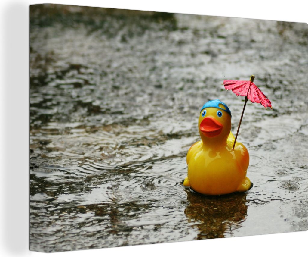 OneMillionCanvasses - Leinwandbilder - 140x90 cm, Gummi-Ente - Regen - Regenschirm, Wandbilder Kunstdruck Wanddekoration