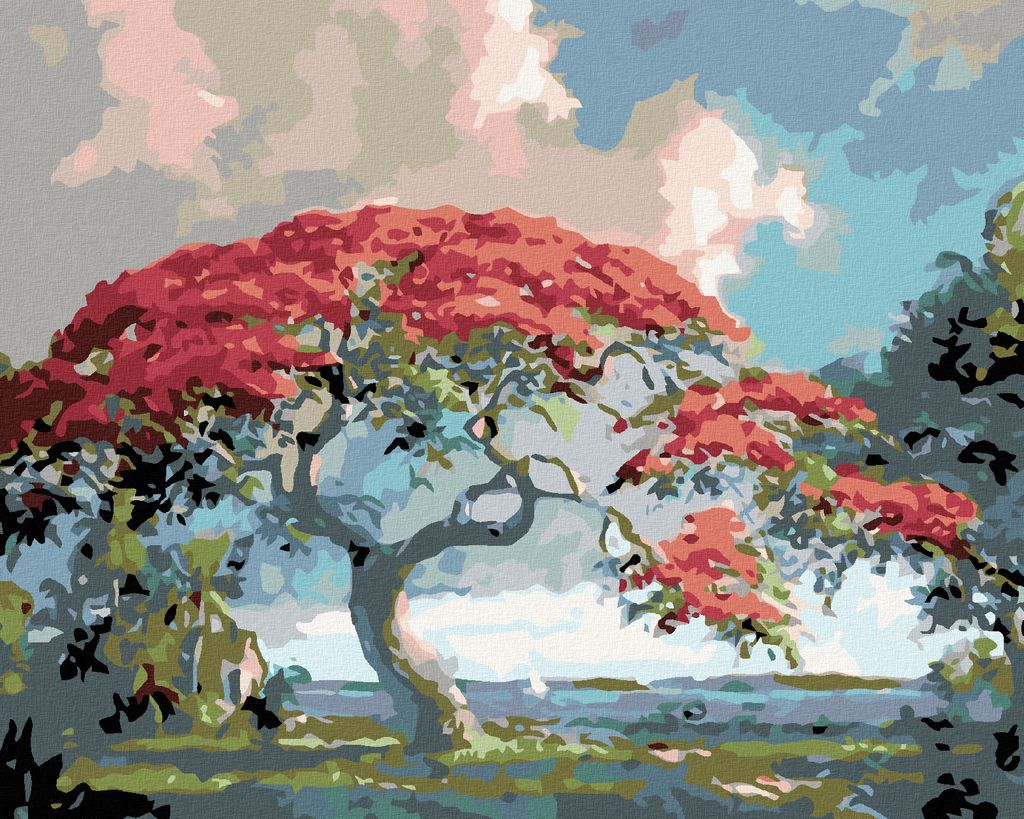 Diamondi - Diamond painting - ROTER BONSAI, 40X50 cm, mit Keilrahmen (bereits gespannt)
