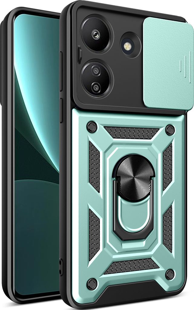 A phone case with a ring stand and camera cover.