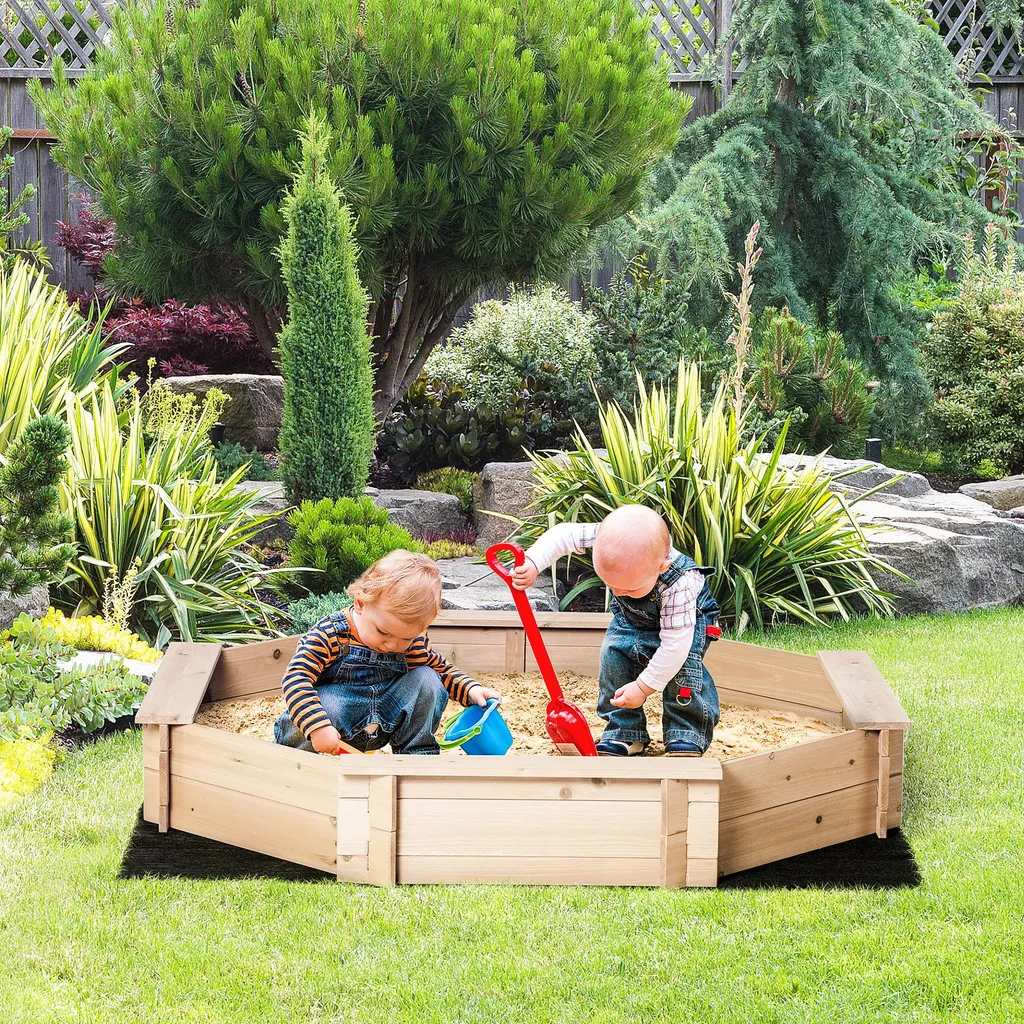 Outsunny Bac à Sable Octogonal en Bois Massif 140cm avec Bancs et Bâche
