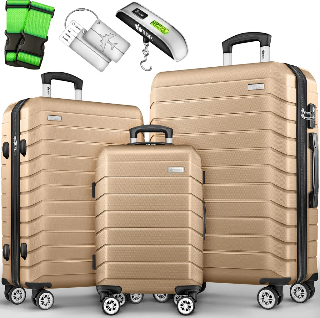 tillvex Set 3 Valigie Champagne con Bilancia e Cinghie TSA | Trolley Rigidi