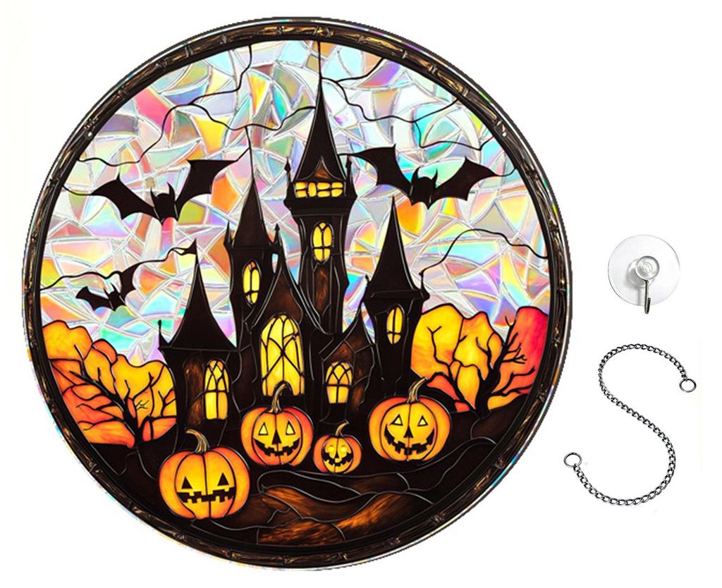 Halloween-Sonnenfänger-Hängedekoration: Geist, Kürbis, Hexe, schwarze Katze, Burg, Krähenschädel, Buntglas, 2D, flaches Acryl, Wand- oder Fens...