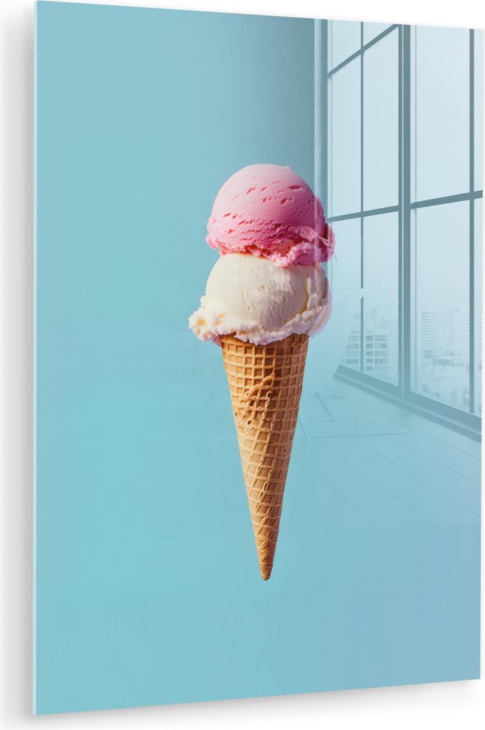 MuchoWow Glasbilder - Bilder auf Wandbild - Foto auf Glas Schaufel Eiscreme - Kegel - Blau 30x40 cm Wanddekoration aus Glas - Acrylglasbild - Acryl...