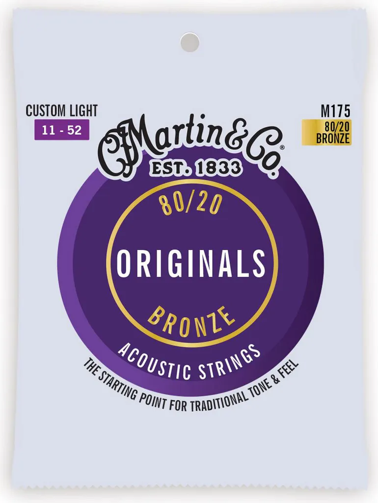 Cordes Martin M175 Custom Light 80/20 Bronze pour une sonorité brillante