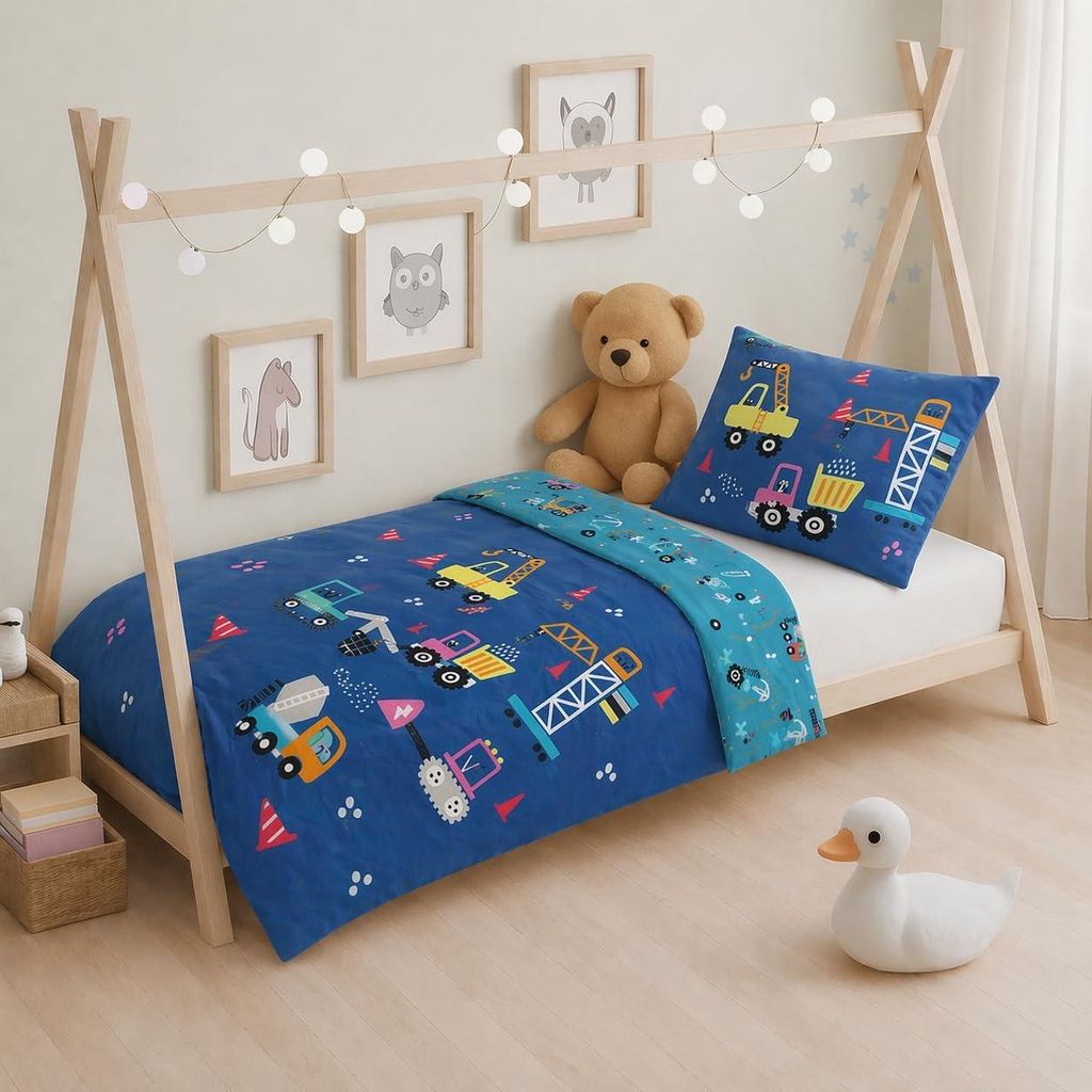 Kinderbettwäsche Fahrzeuge Baustelle bedruckt Garnitur 100x135 cm + 40x60 cm - Baustelle