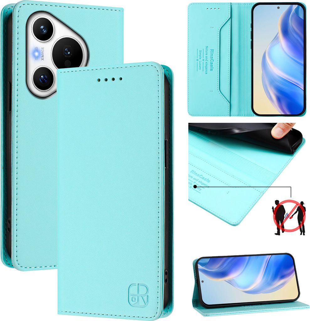 Lederhülle für Huawei Pura 70 Hülle Flip Brieftasche Kartenfächern Ständer Schutzhülle Türkis