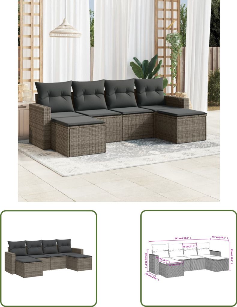 The Living Store 6-tlg. Garten-Sofagarnitur mit Kissen Grau Poly Rattan