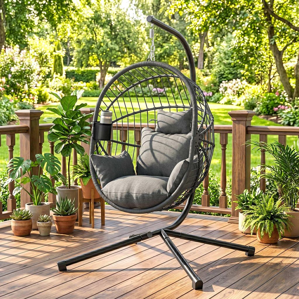 Outdoor Hängesessel Hängesessel, inkl. Polster, Egg-Chair, 120 cm x 106 cm x 188 cm, Grau, 120x106x188 cm, Stahl
