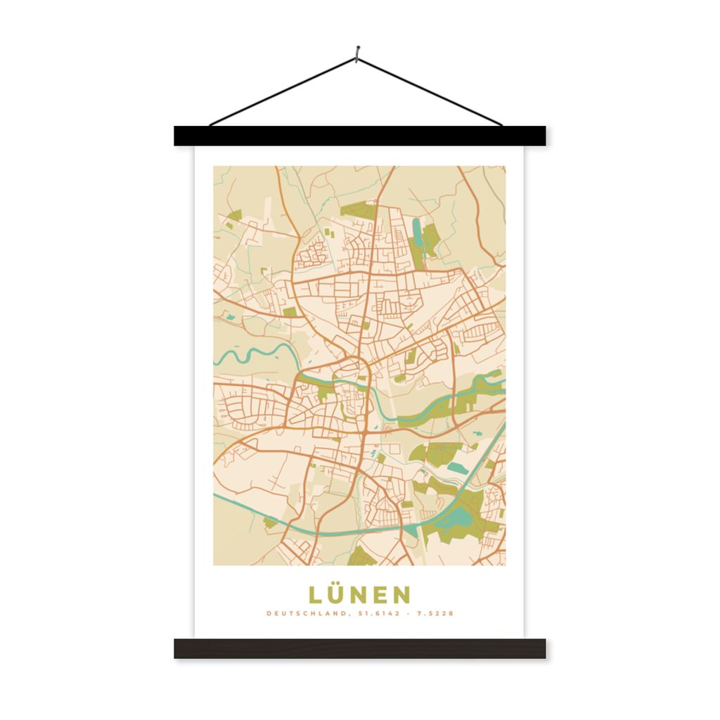 MuchoWow Textilposter Stadtplan - Lünen - Karte - Vintage 120x180 cm mit schwarzem Rahmen - Fotos