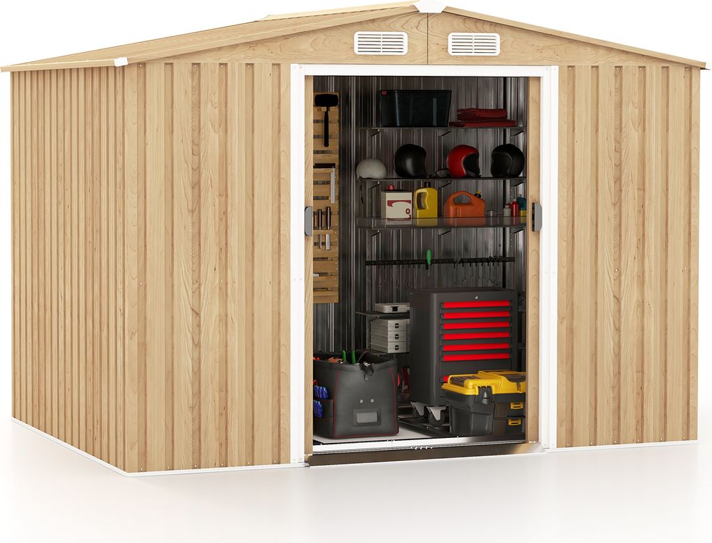 An open metal shed with storage shelves and various tools and items inside.