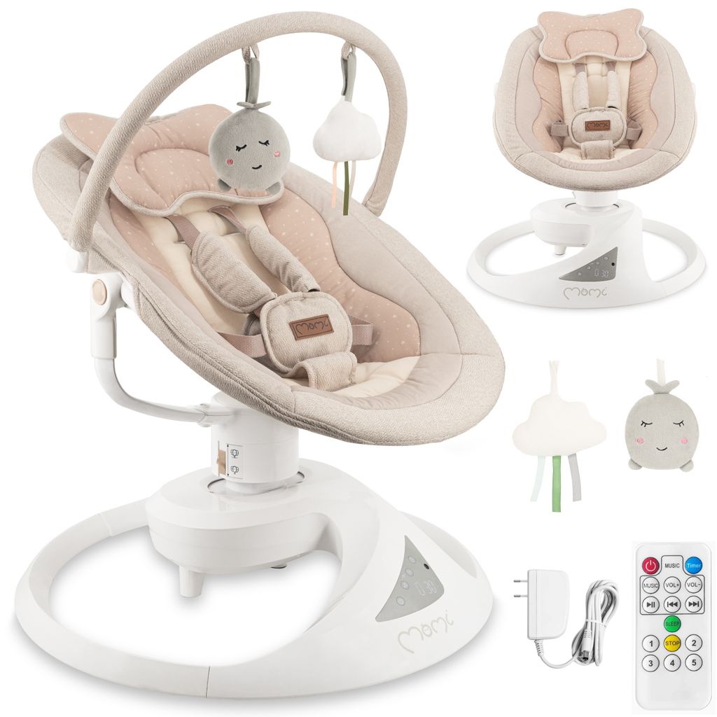 A collage of images showing a baby bouncer and its accessories, including a remote control and power adapter.