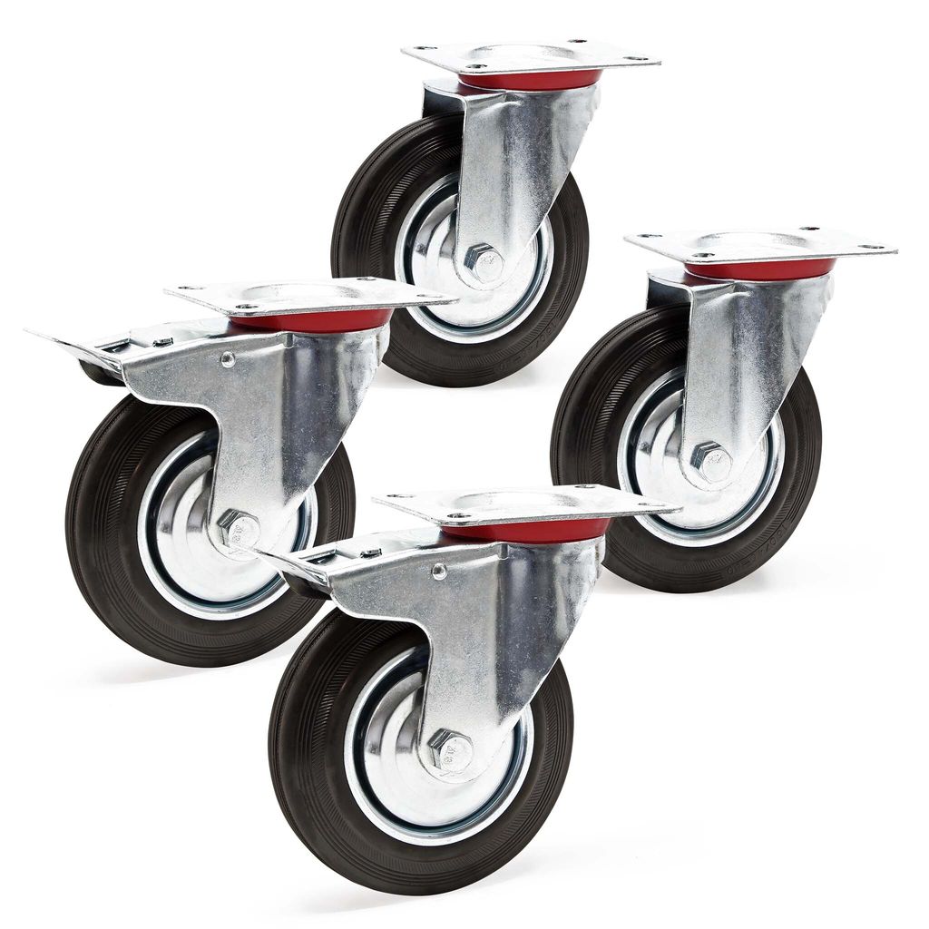 Wiltec Transportrollen Set 160mm 2x Doppelstopp-Lenkrolle und 2x Lenkrolle mit Vollgummirad, 130kg pro Rad