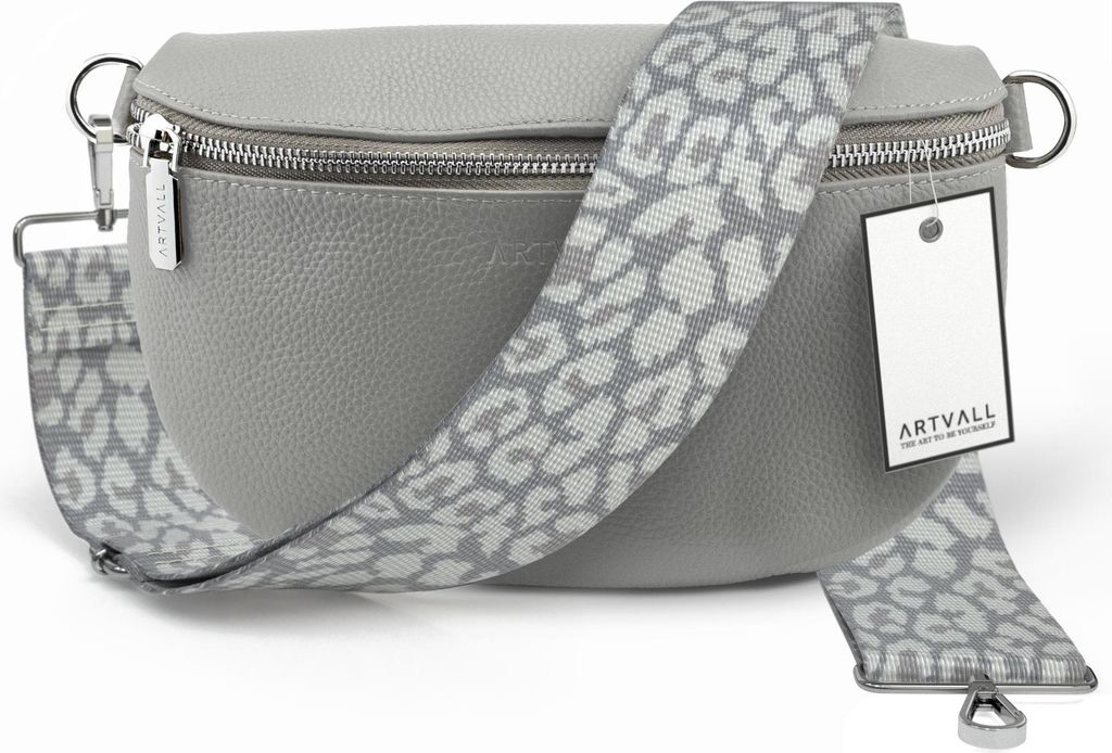 ARTVALL - Umhängetasche aus Leder, Klein mit verstellbarem Schultergurt, abnehmbares Taschenband, Crossbody Bag in Hellgrau