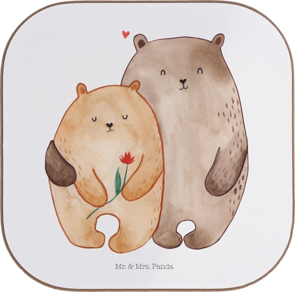 Mr. & Mrs. Panda Tischuntersetzer Bären Liebe - Weiß - Geschenk, Quadratischer Untersetzer, Partner, Freundin, bieruntersetzer, Kuscheln, Umarmun...