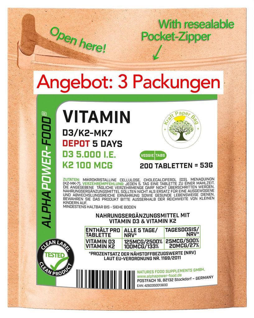3 Packungen Vitamin D3 + K2 MK7 Tabletten Kapseln Depot Produktbild 